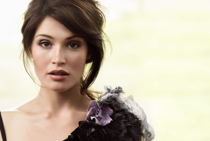 simple background, 2K, looking at viewer, model, women, Gemma Arterton, brown eyes, freckles, brunette