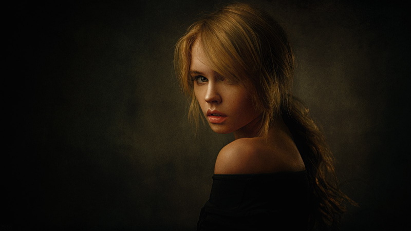 black clothing, hair in face, face, Georgy Chernyadyev, Anastasia Scheglova, simple background, portrait, tanned, 720P, long hair, women, bare shoulders