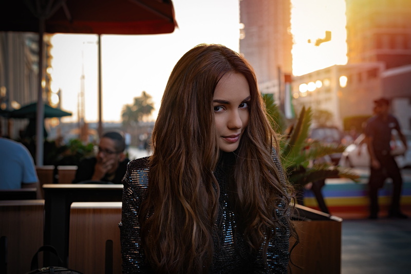 makeup, chairs, Eugene Balin, hairstyle, people, bokeh, dress, beauty, portrait, brown hair, tables, 1080P, E.Balin, the city, model