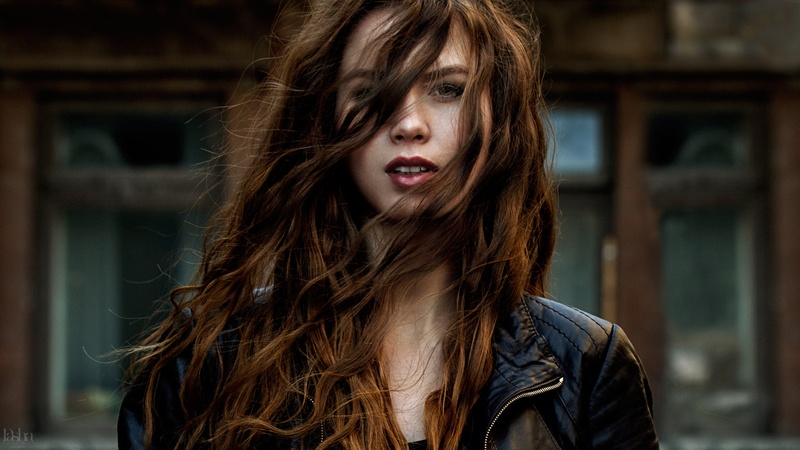 women, looking at viewer, leather jackets, one person, beautiful woman, hair in face, open mouth, beauty, brunette, Daria Koypysheva, lifestyles, brown hair