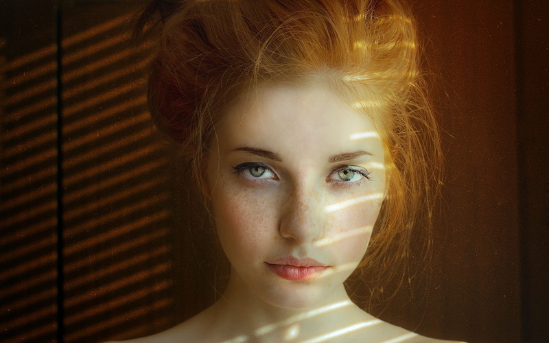 Daria Legkaya, freckles, portrait, women, Aleksandra V, face, natural light, green eyes, redhead, 2K