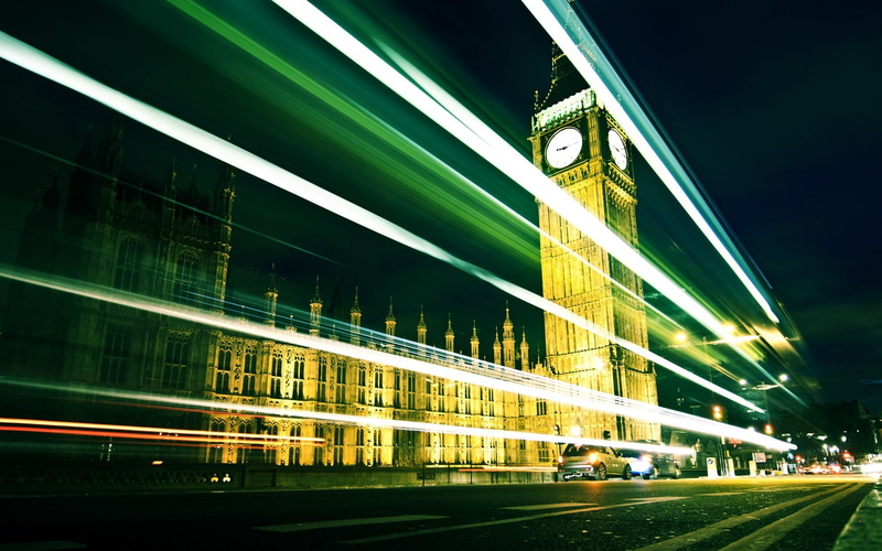 long exposure, motion, mode of transportation, building exterior, Westminster, light trail, built structure, night, 1080P, transportation, low angle view