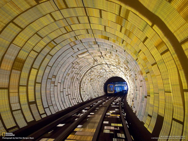 built structure, track, the way forward, 720P, illuminated, arch, light at the end of the tunnel, lights, subway train, no people, arched, vanishing point