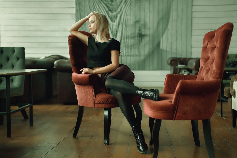 contemplation, flooring, blond hair, Andrey Metelkov, one person, indoors, young women, 1080P, front view, casual clothing, lifestyles, model, chair, young adult