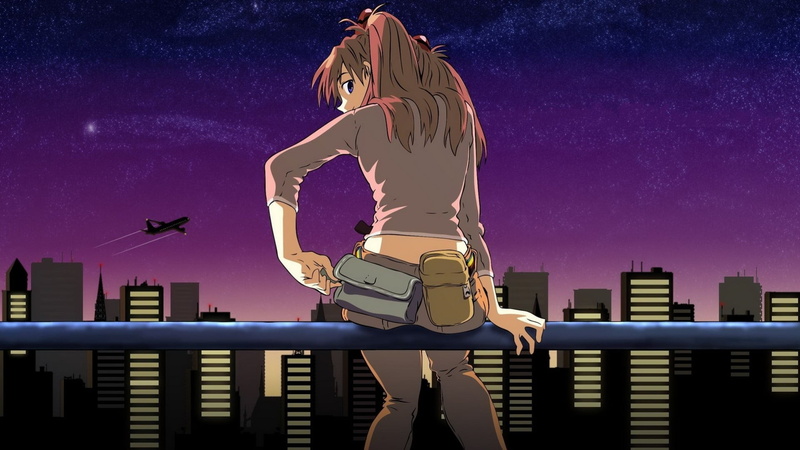 purple, sky, full length, built structure, building exterior, real people, 1080P, art and craft, vertebrate, illustration, railing, looking back, anime girls