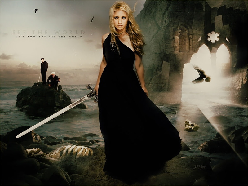 black dress, buffy the vampire slayer, dress, swords, hd, tv, buffy, spike, entertainment, black, art, summers, character, slayer, angel, series, vampire