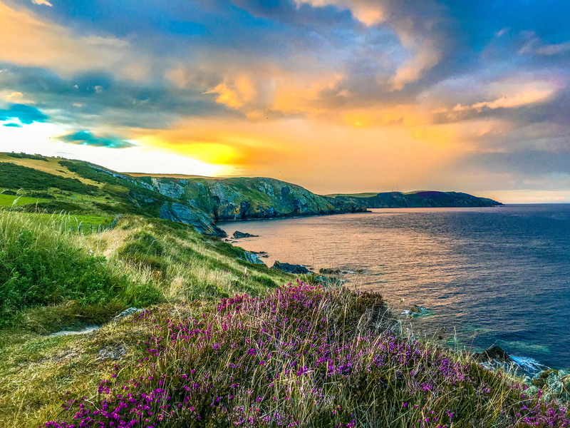 green, scenics - nature, glow, isle of man, sunset, blue, hills, cloud - sky, sea, tranquility, water, no people, tranquil scene, 4K, yellow, calm, beach