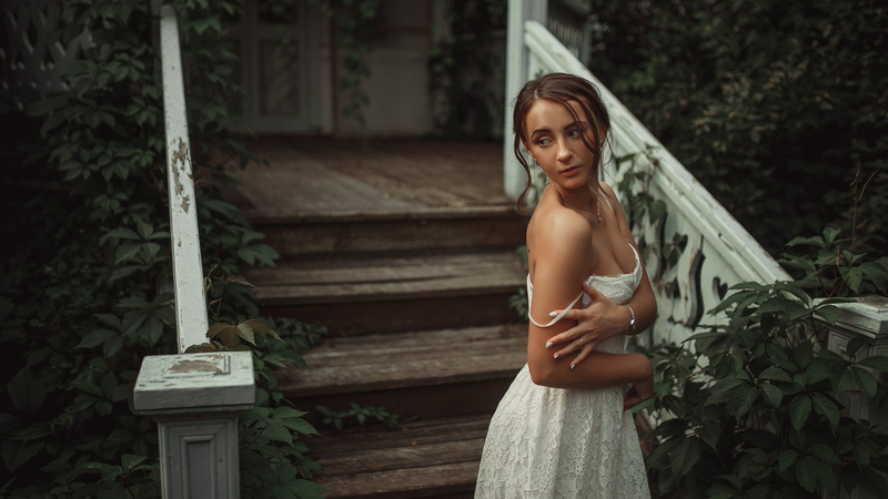 white dress, outdoors, hairstyle, looking at camera, fashion, 1080P, leisure activity, plant, portrait, Egor Konabevtsev, adult, young women, front view