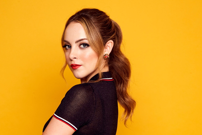 1080P, actress, simple background, looking over shoulder, long hair, women, brunette, singer, blue eyes, Elizabeth Gillies