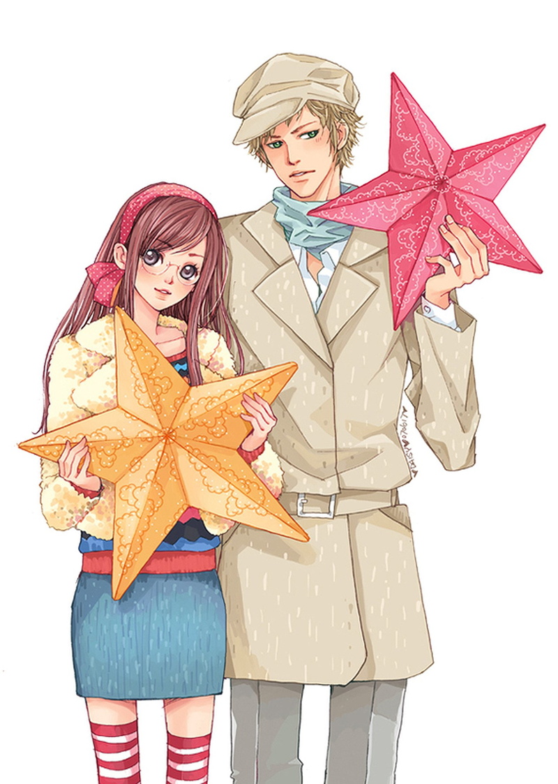 brown, cute, scarf, couple, band, megane, blonde, pants, 1080P, stars, eyes, blush, pretty, long, blue, hair, hat, jacket, grey, anime
