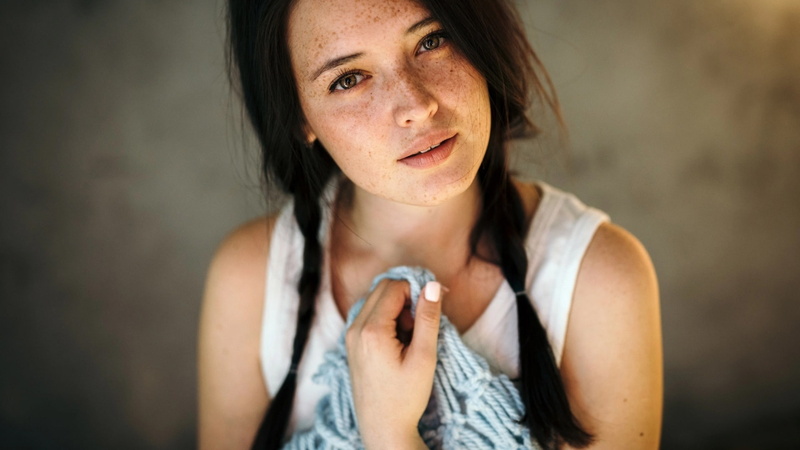 women, pigtails, 1080P, brunette, model, hazel eyes, freckles