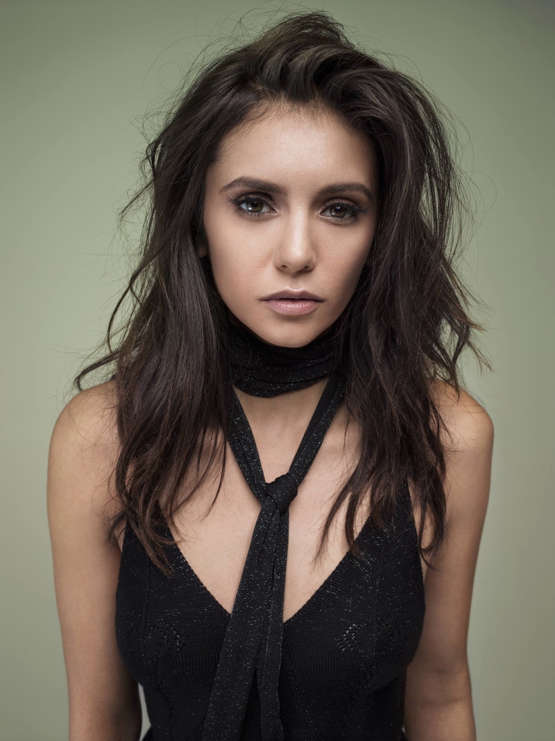 brown eyes, brunette, Black Scarf, women, 4K, Nina Dobrev, black dress, closeup, actress
