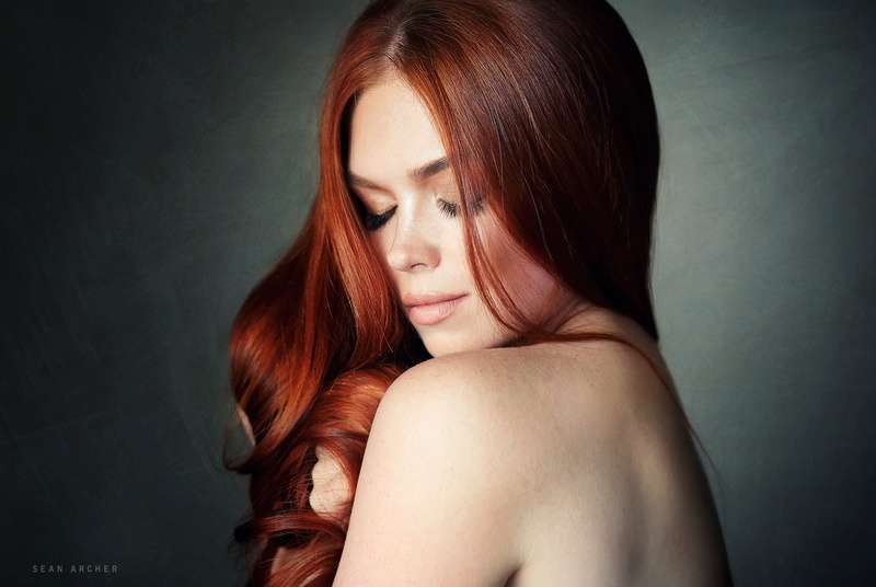 bare shoulders, closed eyes, 720P, freckles, hair in face, long hair, face, pale, redhead, portrait, women, simple background, Sean Archer