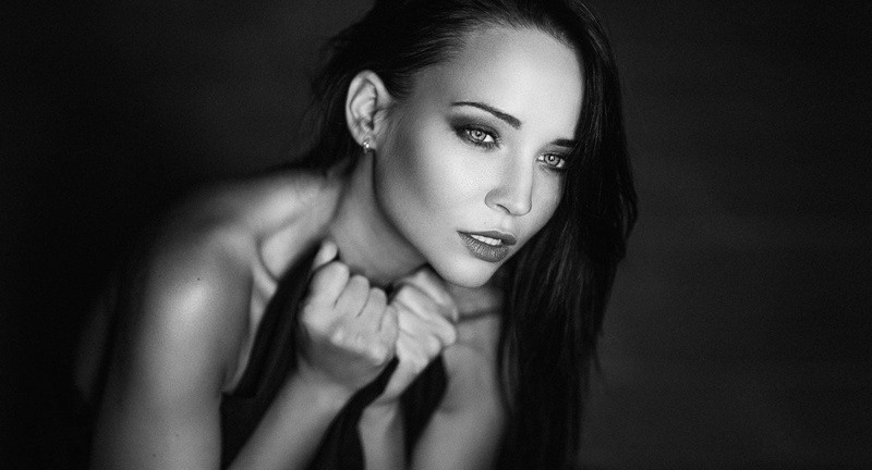 adult, human face, human hair, fashion, Angelina Petrova, body part, beautiful woman, 720P, young women, monochrome, modern, black background, long hair