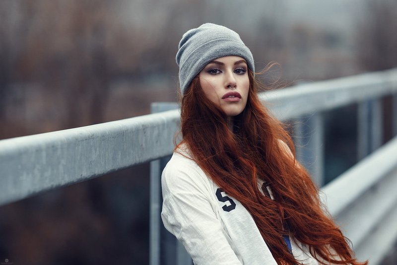 women, brown eyes, portrait, depth of field, standing, long hair, warm clothing, lifestyles, pierced nose, one person, smoky eyes, Valentina Galassi, architecture