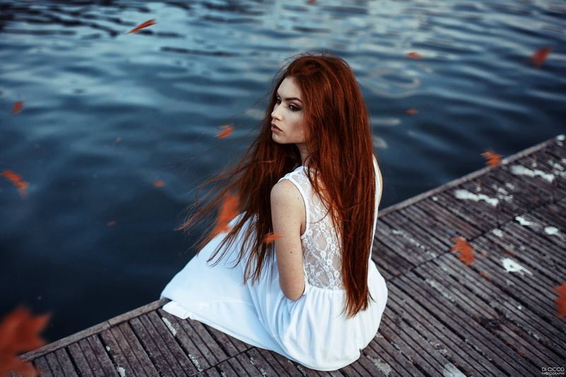 Valentina Galassi, women, long hair, redhead, women outdoors, model, leaves, 1080P, water, Alessandro Di Cicco