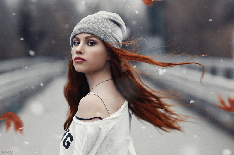 hair, long hair, portrait, Alessandro Di Cicco, hat, Valentina Galassi, bare shoulders, beautiful woman, warm clothing, outdoors, redhead, snow, casual clothing