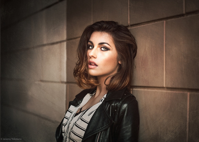 open mouth, 1080P, beautiful woman, human hair, tanned, hairstyle, young adult, leather, casual clothing, hazel eyes, beautiful people, brown hair, portrait