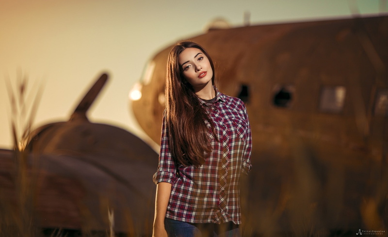 open mouth, portrait, shirt, 1080P, looking at viewer, Agelos Tzitzifopoulos, pants, straight hair, sunset, women, jeans, long hair, brown eyes, brunette