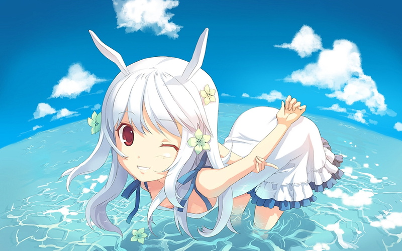 1080P, sky, girl, flirt, animal, ears, blue, water, anime