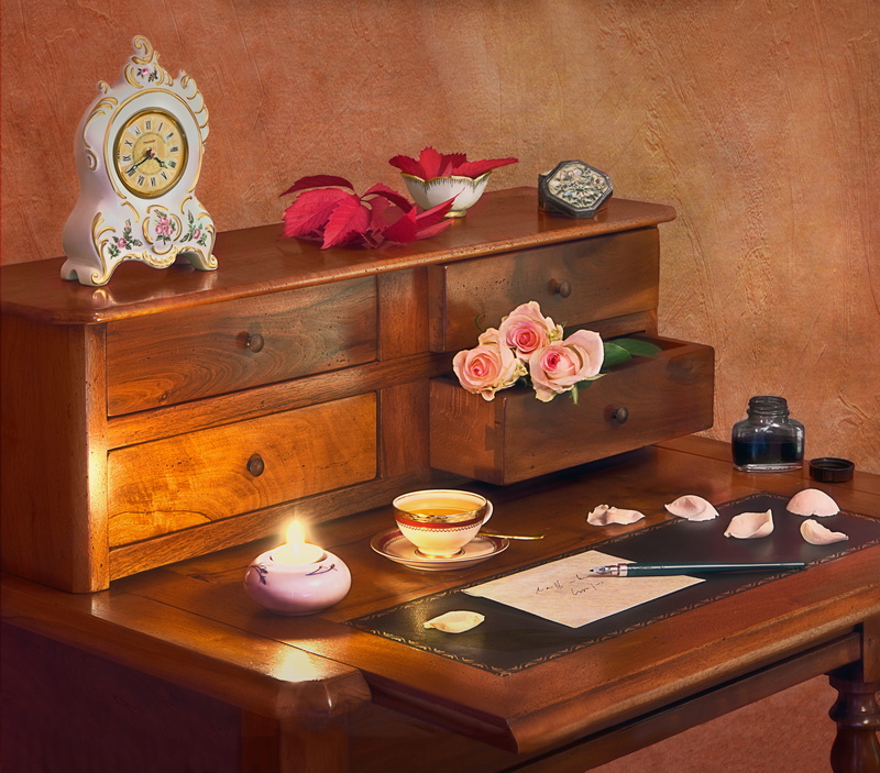 roses, electric lamp, flowering plant, top, tray, candle, lighting equipment, pen, retro, crockery, plant, still lifes, bowl, office, wooden, inkwell, flower