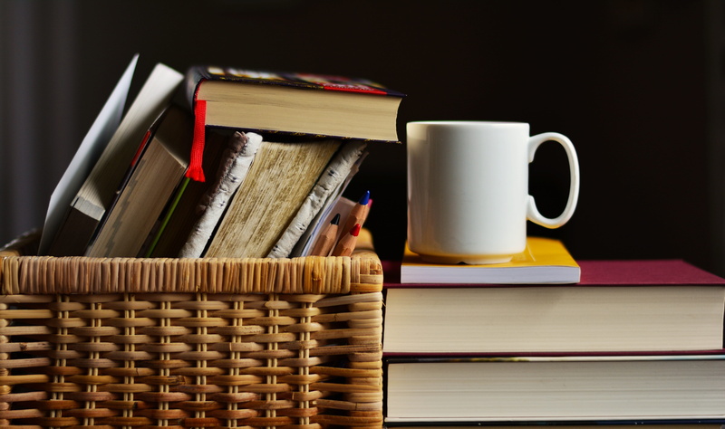 indoors, coffee - drink, learning, literature, publication, black background, table, brown, basket, know, drink, books, 5K, learn, coffee cup, cup, books crate