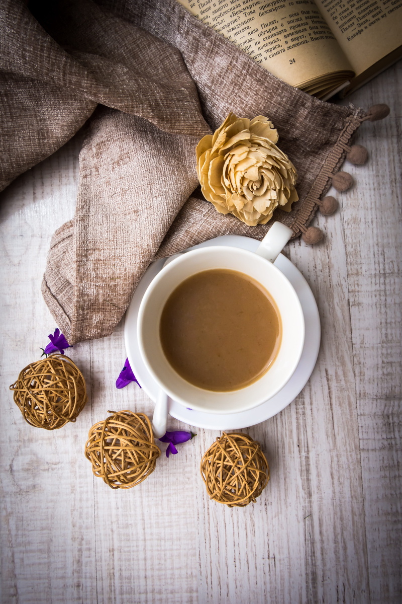 high angle view, brown, still life, wooden, food, table, hot, hot drink, tea, tea - hot drink, textile, drink, caffeine, wood, ceramic, coffee cup, no people