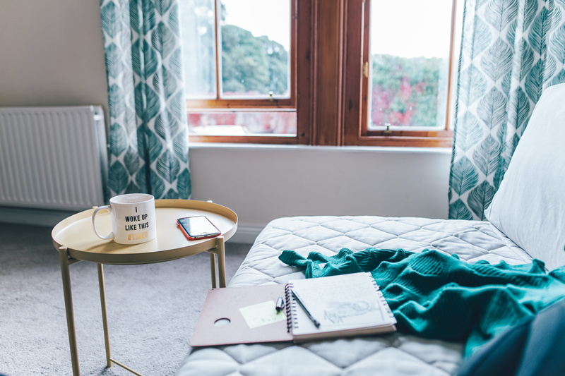 beside, bed, day, steel, textile, brown, electric lamp, still life, tray, window, bedroom, curtain, end, white, notebook, green, spiral, mug, frame, comforter