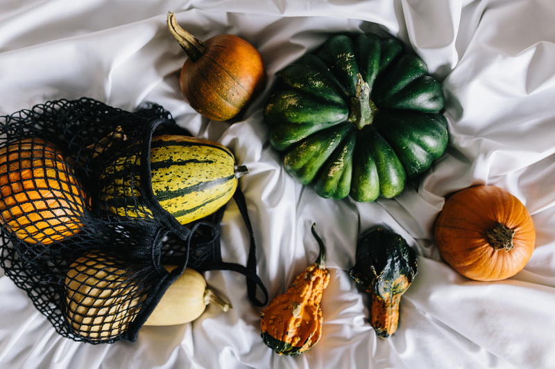 freshness, fall, choice, food and drink, high angle view, health, seasonal, indoors, fruit, squash - vegetable, variety, pumpkins, still life, directly above