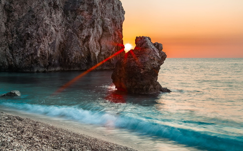 natrue, Beach, Nature, ocean, peeking, 2K, sun, sunset, rocks