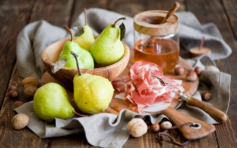 freshness, honey, meat, food and drink, still life, household equipment, table, table knife, pears, healthy eating, no people, kitchen knife, natrue, fruit