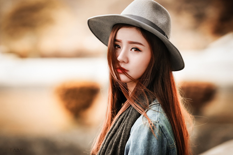 portrait, hairstyle, hat, millinery, Asian, human face, straight hair, beautiful people, orange eyes, long hair, clothing, beautiful woman, women, redhead