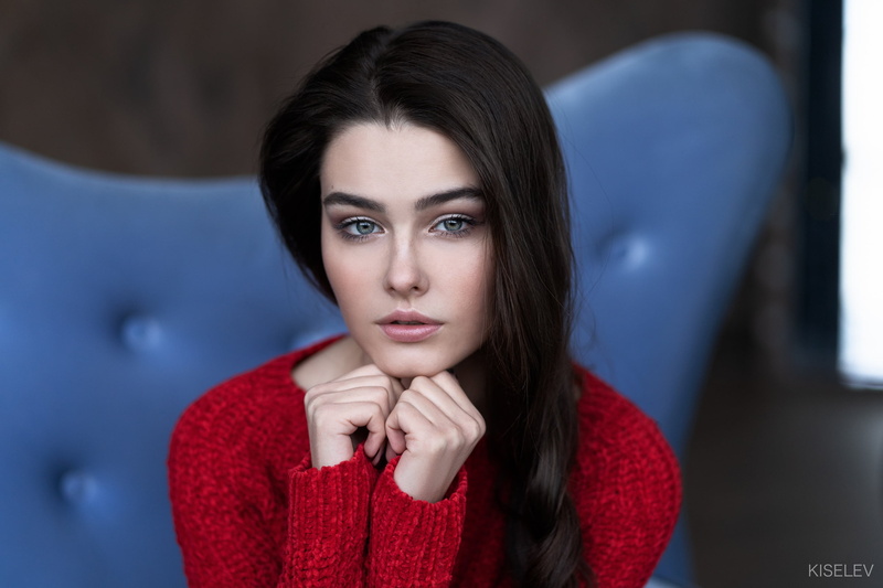 portrait, women, face, 2K, pink lipstick, Bogdana, red sweater, Alexander Kiselev, long hair