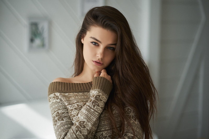model, 2K, lips, mouth, sensual gaze, blue eyes, girl, Bogdana, long hair, portrait, bare shoulders, Bogdana Kadritskaya, photo, brunette, sweater, Alexander