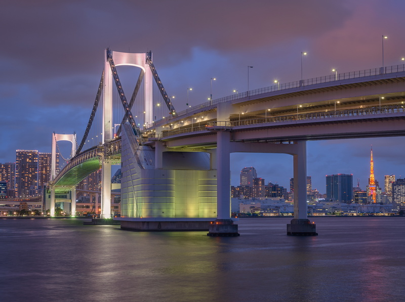 transportation, rainbowbridge, City, Asia, river, Night, built structure, sky, 5K, minatoku, tokyoprefecture, water, building exterior, Travel, bridge - man made structure