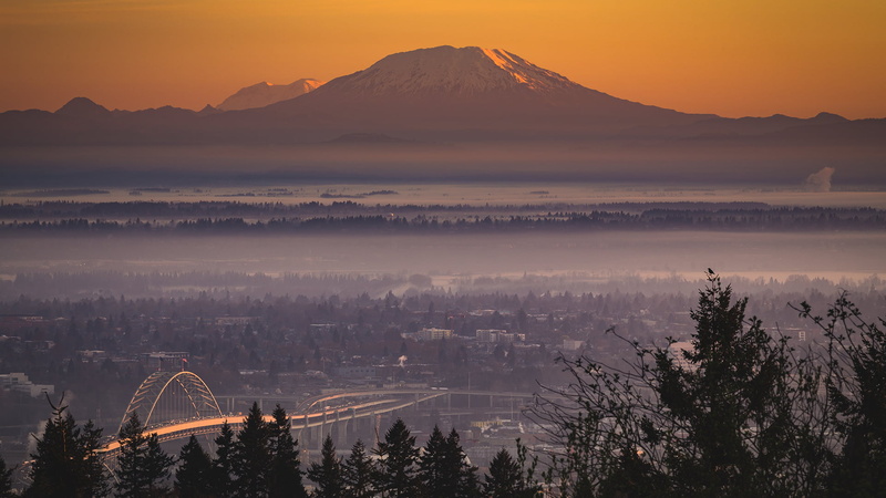 high angle view, no people, environment, nature, outdoors, mist, USA, tree, black, bridge, travel destinations, forest, plant, snowy peak, cityscape, mountains