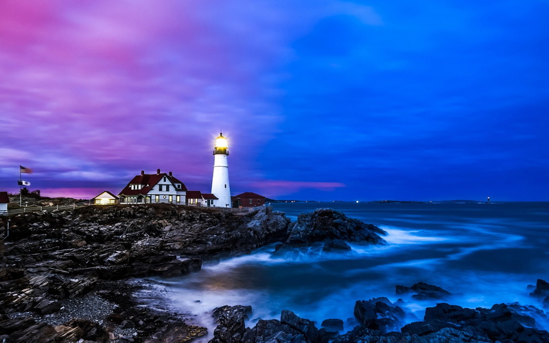 Coast, Sea, Houses, Lighthouse, Portland, Blue, 1080P, Dusk