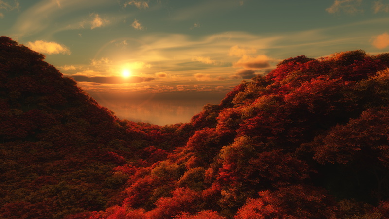 the sun, forest, hollow, crimson, halo, blue sky, 4K, autumn, slope, hills, landscape, the trees, water, mountains, the ravine, layered, peace and quiet