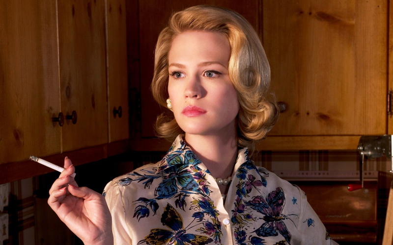 women, blue eyes, Retro style, cigarettes, January Jones, blonde, smoking, kitchen, vintage, 1080P
