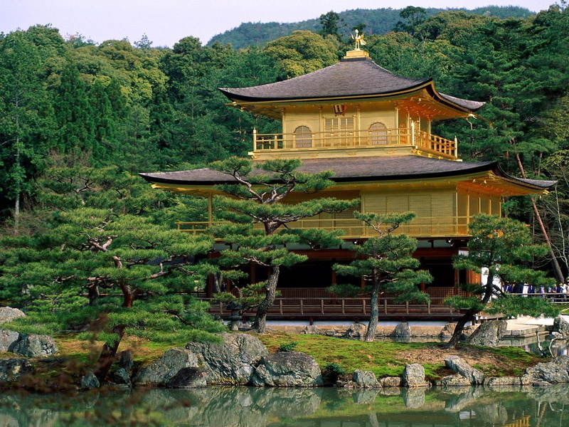spirituality, building, building exterior, lake, green color, architecture, no people, kinkakuji, tree, water, 720P, day, belief, place of worship, nature