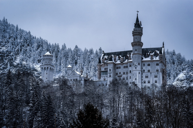 Schwangau, winter, forest, Bayern, Bavaria, 1080P, Germany, Neuschwanstein Castle, castle
