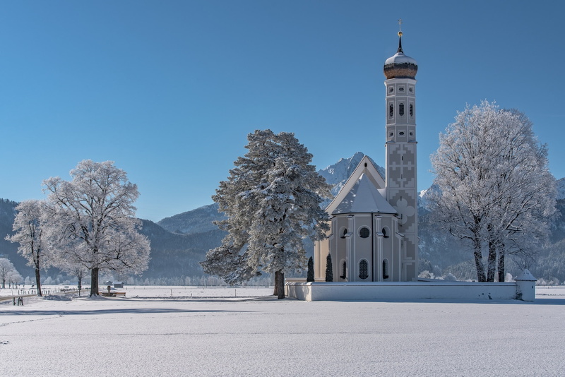 Bayern, Schwangau, Germany, Church, mountains, Church Of The Holy Kalman, winter, Bavaria, trees, Saint Coloman, Alps, 1080P