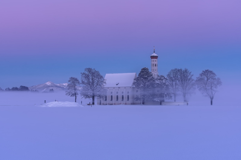 Bayern, Alps, Schwangau, 1080P, Saint Coloman, Germany, trees, Bavaria, snow, Church, winter, mountains, Church Of The Holy Kalman, haze