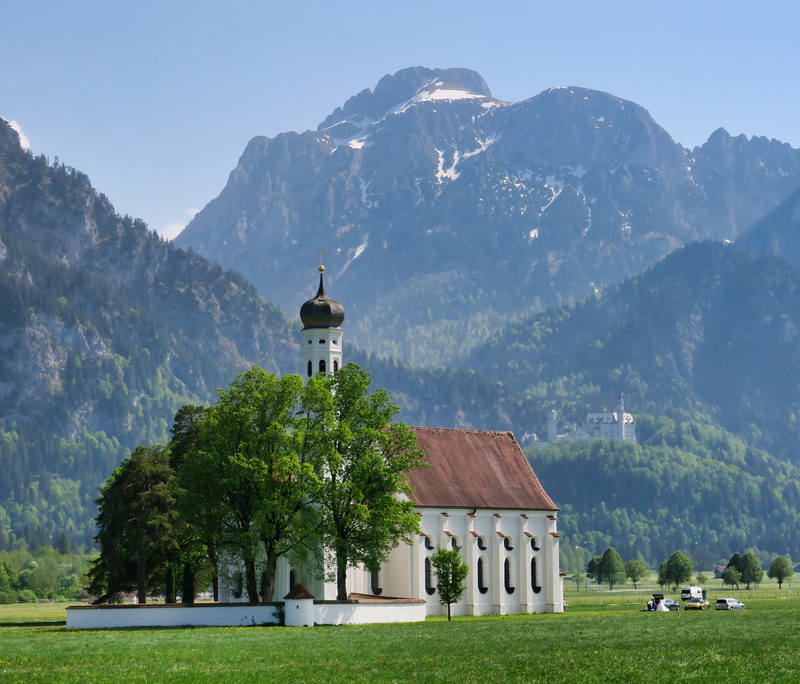 mountains, pilgrimage church, neuschwanstein castle, outdoors, day, schwangau, plant, built structure, 4K, chapel, belief, spirituality, nature, tree