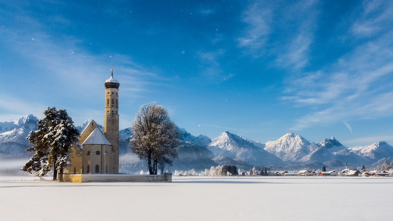 trees, concrete, Church, Alps, Bavaria, mountains, winter, Church Of The Holy Kalman, Bayern, Germany, cathedral, Schwangau, Saint Coloman, brown, 1080P