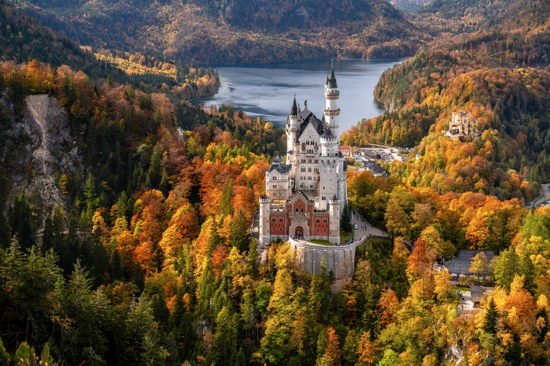forest, Schwangau, castle, Germany, Bavaria, Neuschwanstein Castle, Bayern, 5K, Озеро Шванзее, lake, autumn, Schwansee