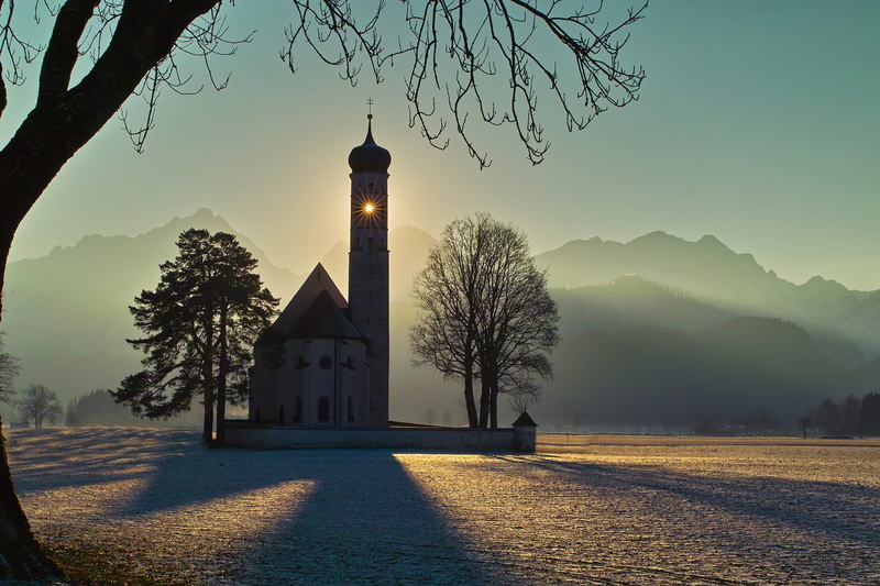 religion, architecture, building exterior, sky, 4K, tower, building, plant, tree, saint coloman, schwangau, outdoors, belief, winter, travel destinations