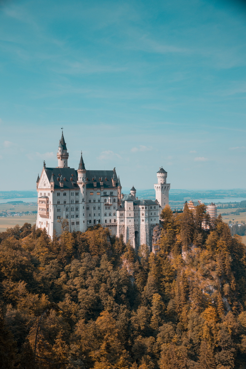 peak, architecture, neuschwanstein, treetop, built Structure, hill, tower, aerial, woodland, autumnal, landmark, scenics, day, 4K, tree, building, old