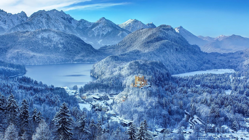 schwangau, germany, 1080P, hohenschwangau castle, tranquility, snow, outdoors, alps, mountain, nature, water, castle, freezing, mount scenery, sky, formation