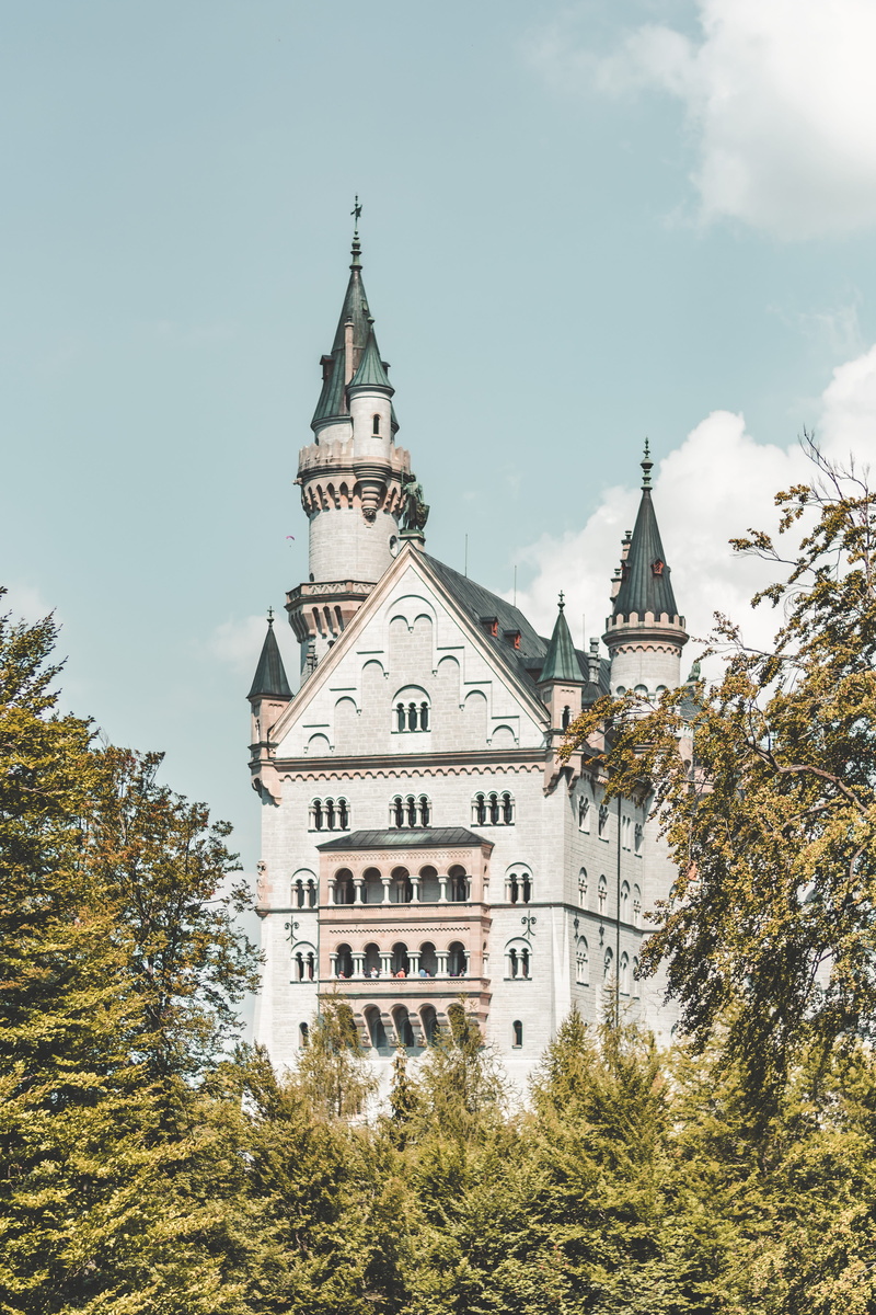tree, place of worship, landscape, built structure, building exterior, architecture, castle, neuschwainstein, germany, spire, day, travellig, schwangau